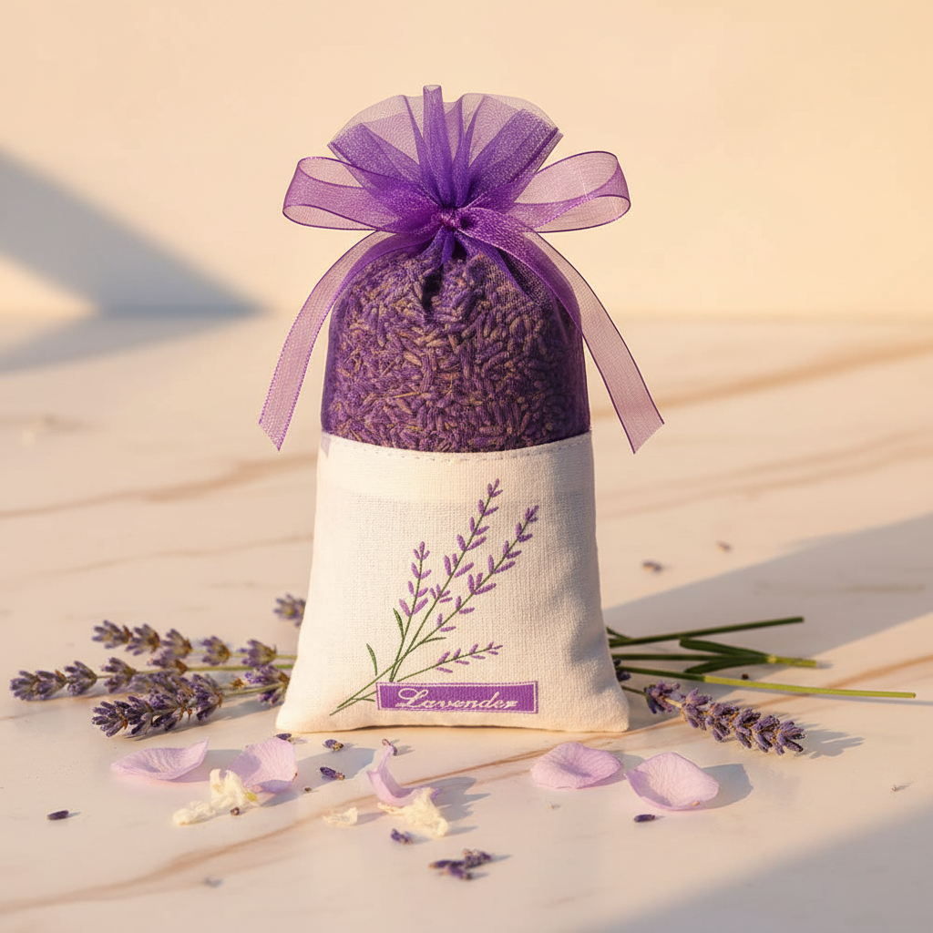 Sachet de lavande sur marbre avec bougies dorées et bouquet de lavande