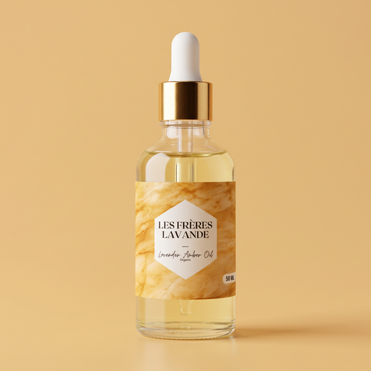 Lavender & Amber Oil 50 ml bottle on a warm amber background