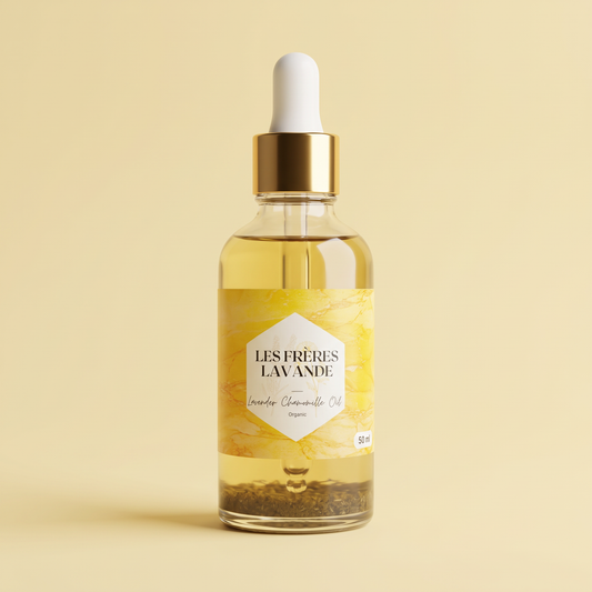 Lavender & Chamomile Oil 50 ml bottle on a soft buttercup yellow background