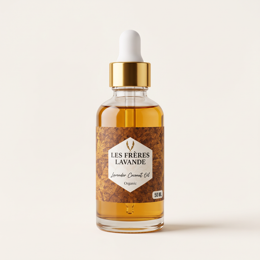 Lavender & Coconut Oil 50 ml bottle on a soft coconut white background