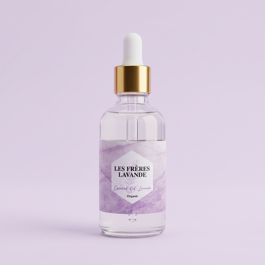 Lavender Essential Oil 50 ml bottle on a soft pale lavender background