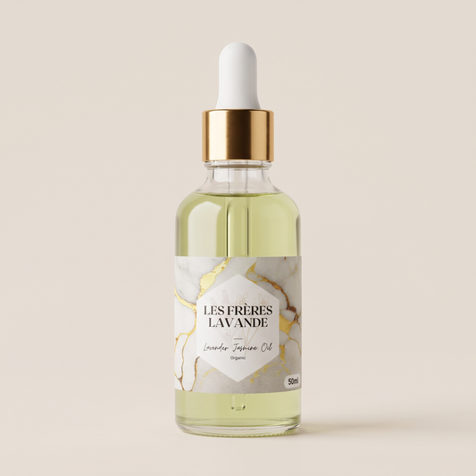 Lavender & Jasmine Oil 50 ml bottle on a soft ivory background