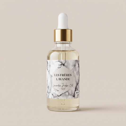 Lavender & Musc Oil 50 ml bottle on a soft greige background