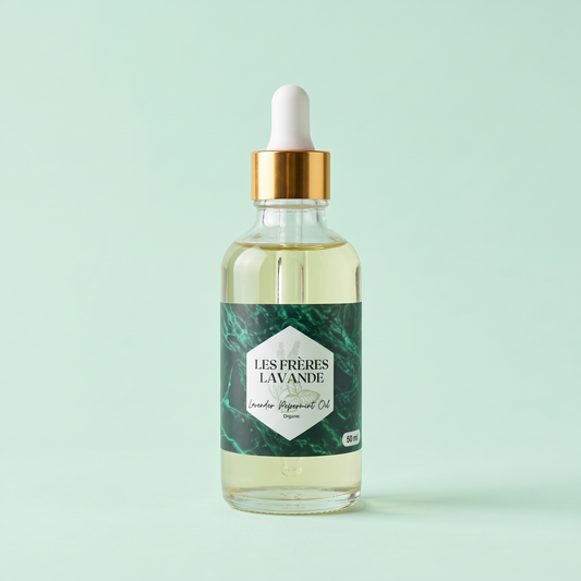 Lavender & Peppermint Oil 50 ml bottle on a soft pale mint background