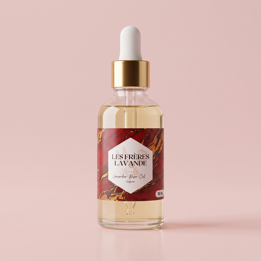 Lavender & Rose Oil 50 ml bottle on a soft rose pink background