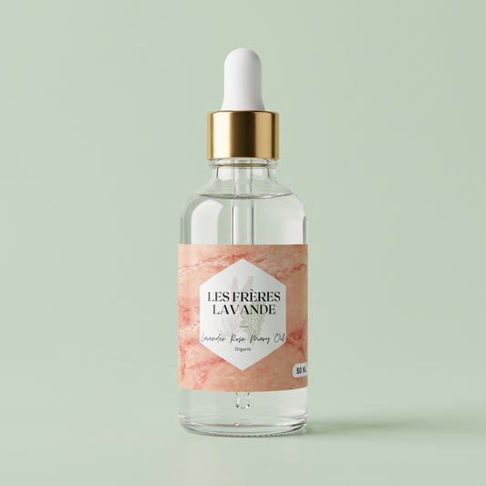 Lavender & Rosemary Oil 50 ml bottle on a soft sage green background
