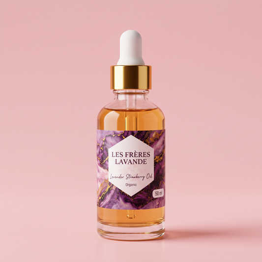 Lavender & Strawberry Oil 50 ml bottle on a soft strawberry pink background