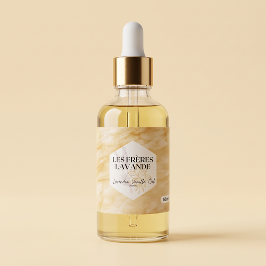 Lavender & Vanilla Oil 50 ml bottle on a soft vanilla cream background