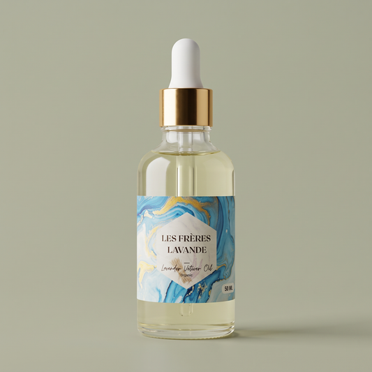 Lavender & Vetiver Oil 50 ml bottle on a soft moss green background