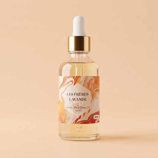 Lavender & Ylang Ylang Oil 50 ml bottle on a soft apricot background